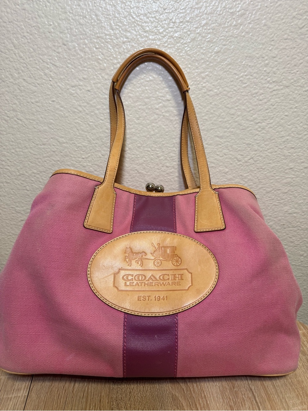 Coach Pink Canvas Tote with Tan Leather Trim and Purple Stripe